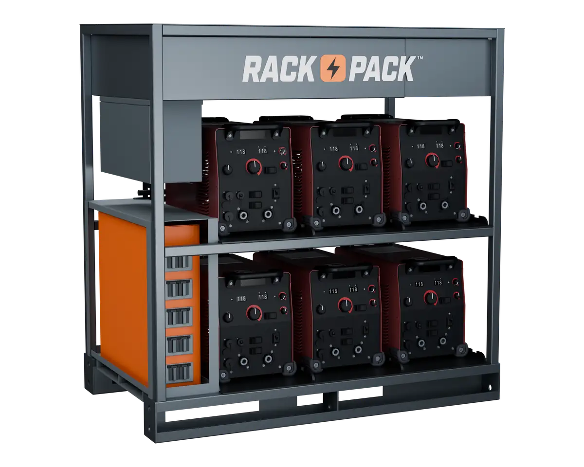 Rack Pack 6-pack welding rack configuration loaded with six industrial welding machines