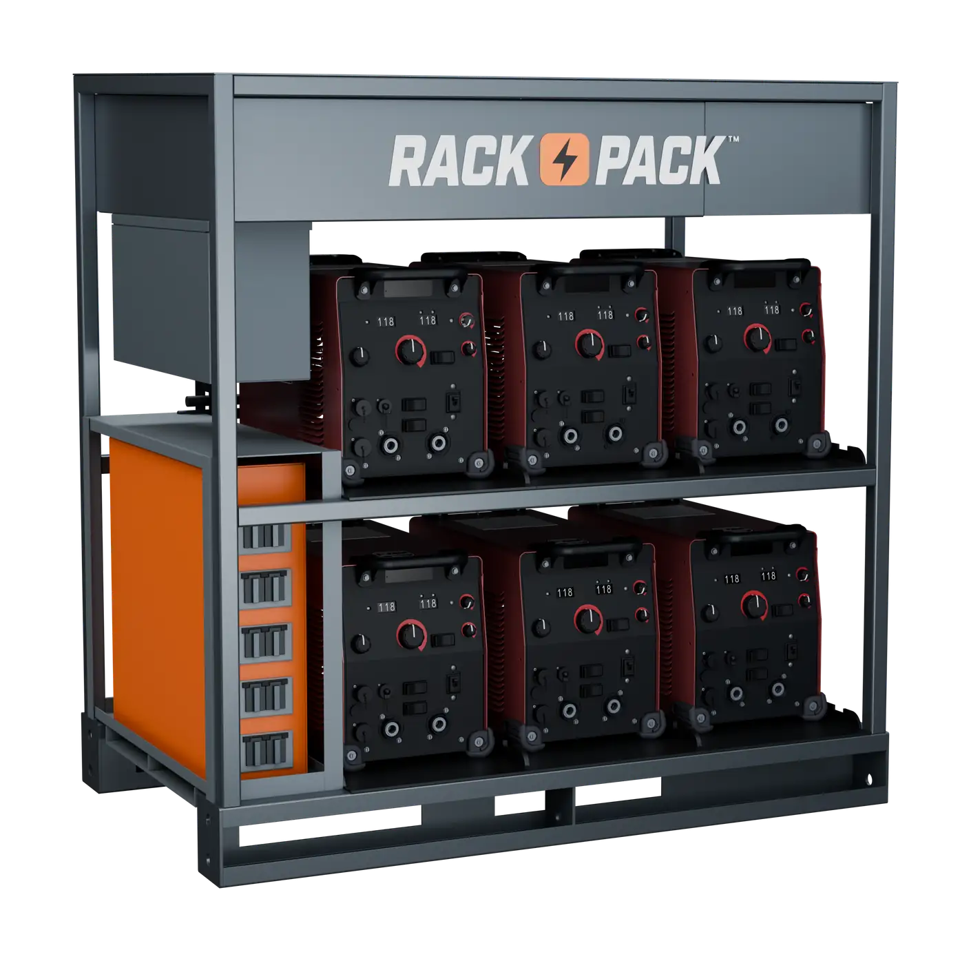 Rack Pack 6-pack welding rack configuration loaded with six industrial welding machines