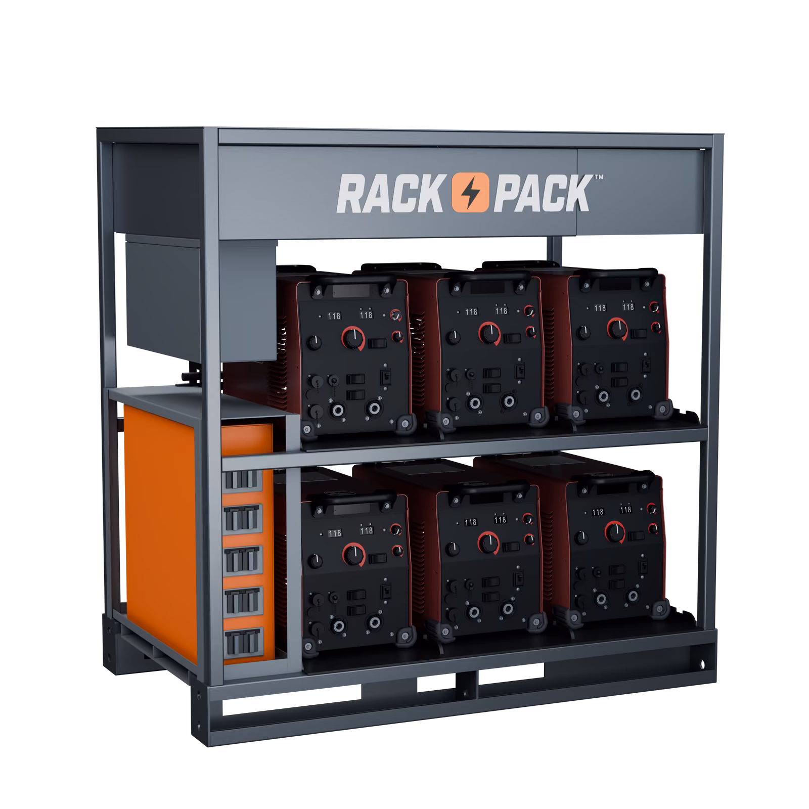 Rack Pack six-position industrial welding rack rendering loaded with six welding machines